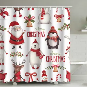 Décoration saisonnière Rideau de douche avec Santa Pengium Cerf Bonhomme de neige Ornement de Noël Rideaux de bain en tissu imprimé