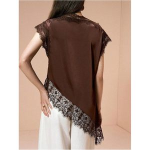 Robe d'été élégante en satin et dentelle pour femme, col rond, sans manches, asymétrique, transparente, pour sortir - Product Image 2
