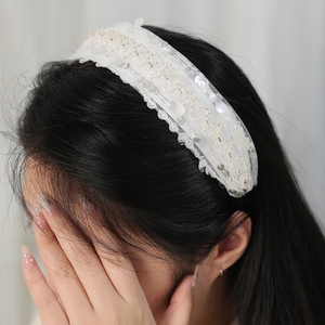 Serre-tête <span class=keywords><strong>de</strong></span> luxe rembourré à sequins fait main, avec dentelle blanche et perles tubulaires, pour mariage, large, accessoire <span class=keywords><strong>de</strong></span> mode - Product Image 1