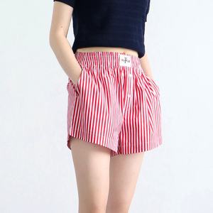 Custom Logo Women's Summer Simple Elastic Waist Pockets High Waist <strong>Pull</strong>-<strong>on</strong> Button Fly <strong>Lady</strong> Girls Fashion Striped Pajama <strong>Shorts</strong> - Product Image 3