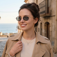Nouvelles Lunettes de Soleil NWO T1713 Tendance Rétro en Métal à Monture Complète Ovale Noires Unisexe avec Protection UV