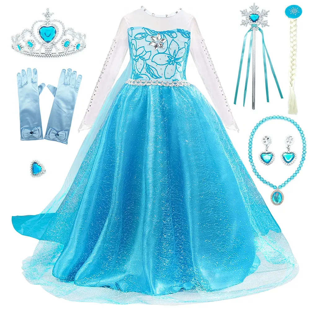 Princess Dress Costume for Girls Elsa Fancy Dress up Theme Birthday Party OEM Holiday Gift Halloween Xmas Game Role Play