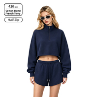 Ensemble de survêtement décontracté pour femme SS26D098, en mélange de coton 420 GSM, coupe courte, demi-zip, ourlet à cordon de serrage, impression personnalisée