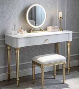 Luxury Gold Leg Dressing <b>Table</b> Set, White Solid Wood Makeup Vanity with LED Round <b>Mirror</b> & Stool for Bedroom Furniture Vanity Ta - Product Image 5
