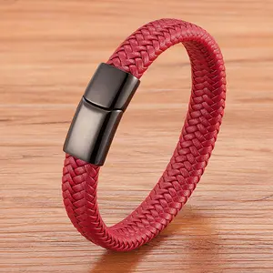 Bracelet en cuir véritable tressé rouge chanceux de mode populaire Bracelet pour hommes en cuir à fermoir magnétique en acier inoxydable noir