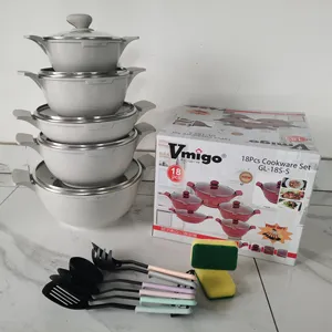 Vmigo Set peralatan masak anti lengket, peralatan masak Set panci masak logam aluminium murah 18 buah