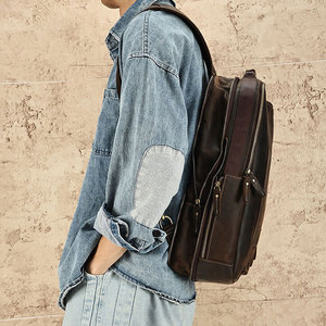 Dujiang Men's Genuine <b>Leather</b> <b>Backpack</b> Crazy Horse Brown 20L Business Travel Laptop Bag <b>Large</b> Capacity Soft Handle Solid Color - Product Image 2