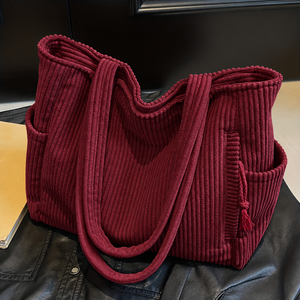 Durable Soft Corduroy Women's <b>Summer</b> Portable Casual Multi-Compartment Zipper Closure Commute <b>Shoulder</b> Tote <b>Bag</b> - Product Image 4