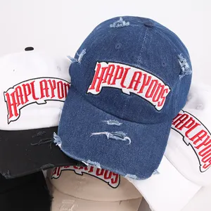 Customized Embroidery Logo Blank Plain Cotton Denim Wholesale Baseball Cap Washed Distressed Dad Hats Custom