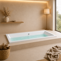 Baignoire rectangulaire encastrable moderne en acrylique, profonde, finition brillante avec drain central pour la rénovation de salle de bain