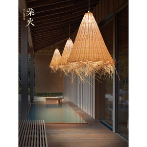 Lustre en rotin d'inspiration zen, lanterne de style chinois moderne, lumière LED chaude pour salon de thé, restaurant, suspension tressée de style japonais - Product Image 2