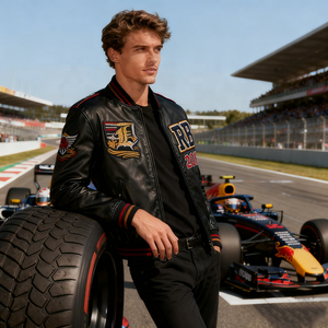 جاكيت سباق كلاسيكي من الجلد الصناعي مع رقع مطرزة وتصميم متعدد الألوان وياقة عالية وسحاب للرجال - Product Image 2