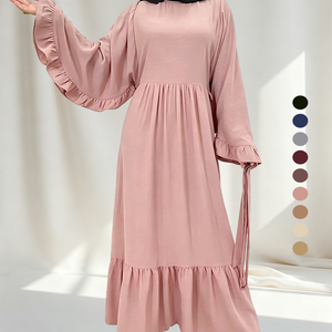 OEM ODM Modest Summer Dress, Ruffle Hem Long <b>Maxi</b> Abaya Dress With Belt, Loose Fit Casual Islamic Women Daily Wear (6530) - Product Image 2