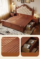 Lit classique américain en bois massif pour chambre à coucher - Base en acajou et tête de lit capitonnée de couleur crème