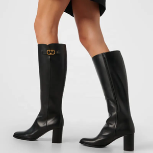 Large Size 46 Solid Wide Fit Women's Knee High Boots Ladies Chunky High <b>Heels</b> Shoes <b>Round</b> <b>Toe</b> Side Zipper Long Booties - Product Image 1
