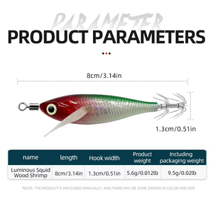 Esca Artificiale Premium <span class=keywords><strong>per</strong></span> Calamari Egi Glow da 8cm 5.6g, a Forma di Gamberetto in Legno, <span class=keywords><strong>per</strong></span> la Pesca di Polpi e <span class=keywords><strong>Seppie</strong></span> in Acqua Salata - Product Image 2