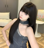 Perruques pour femmes, style élégant et décontracté, couleur thé noir, cheveux raides et longs, style japonais, aspect moelleux et naturel