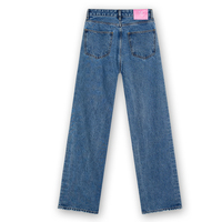 Jean droit taille mi-haute bicolore pour femme avec empiècements contrastants en denim, OEM Marque Privée 58057