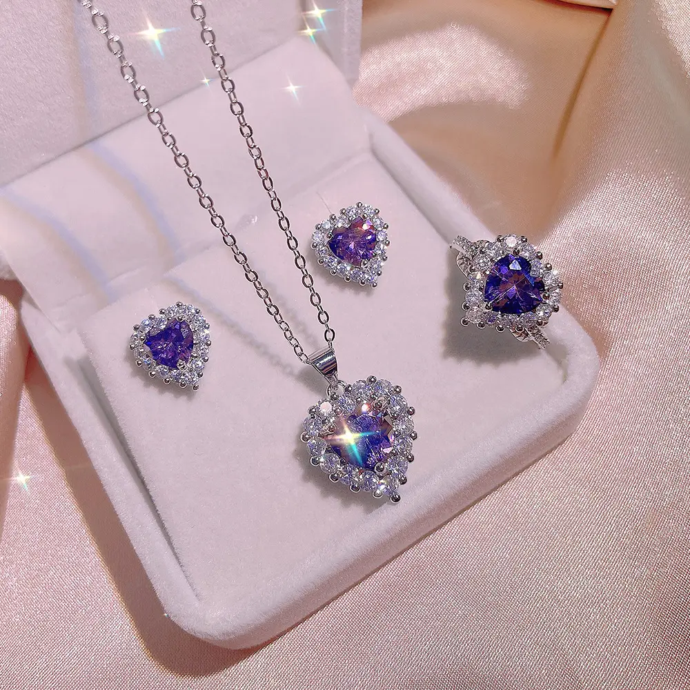 3 Stuks Set Blauw Zirkoon Hartvormige Diamanten Ketting Voor Vrouwen Trendy Micro Pave Zirkonia Crystal Love Heart Oorbel Sets
