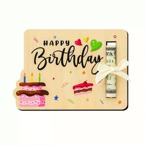 Enveloppe à argent en bois faite à la main avec ruban, style artistique DIY, porte-cadeau amusant pour l'argent, pour fête d'anniversaire, artisanat en bois - Product Image 1