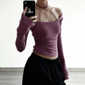 เสื้อยืดถักสีม่วงไม่มีสายรัดแขนยาวเข้ารูปกันยับสำหรับผู้หญิง2025ฤดูใบไม้ร่วง - Product Image 5