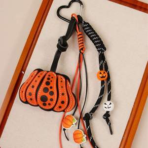 Halloween-themed Creative <b>Leather</b> Double-Sided Mini Pumpkin Bag Pendant Wooden Bead String Keychain Hanging Ornament - Product Image 4