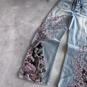 <span class=keywords><strong>Jeans</strong></span> da <span class=keywords><strong>Uomo</strong></span> in Denim a <span class=keywords><strong>Vita</strong></span> Media con Ricami Floreali Pesanti Stile Retrò Vintage Gamba Larga Moda High Street Pantaloni dal Taglio Dritto - Product Image 3