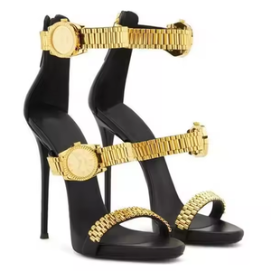 Sandales d'été à talons aiguilles pour femmes, nouveau design, avec bride de cheville et fermoir à bout pointu doré, style montre à enfiler - Product Image 3