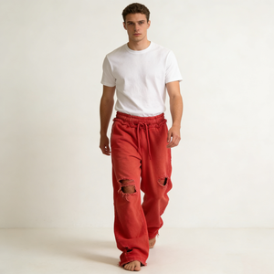 <span class=keywords><strong>Pantaloni</strong></span> Sportivi da Uomo Casual Streetwear 100% Cotone Rosso Medio Vintage Lavato Effetto Usurato Strappato con Coulisse in Vita Gamba Larga Oversize - Product Image 2