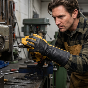Leather Work Gloves <b>Full</b> Grain Black And Yellow Abrasion Resistant Anti <b>Slip</b> Gathered Cuff General Purpose Safety Gloves - Product Image 6