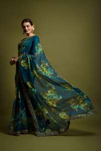 Georgette <b>Saree</b> With Unstitched <b>Blouse</b> Embroidery Cut Work Lace Border Heavy Bengalori Sartin <b>Saree</b> for Womens - Product Image 2