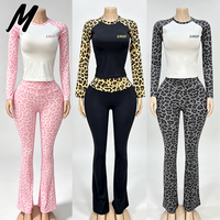 Ensemble de vêtements de sport pour femmes Milady, imprimé léopard, 2 pièces, t-shirt à manches longues, pantalon évasé taille haute, tenue de fitness, broderie personnalisée