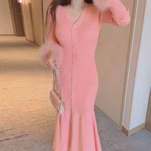 Boutique 2025 autunno francese temperamento scollo a V sottile <span class=keywords><strong>abito</strong></span> a maniche lunghe lavorato a <span class=keywords><strong>maglia</strong></span> a coda di pesce - Product Image 3