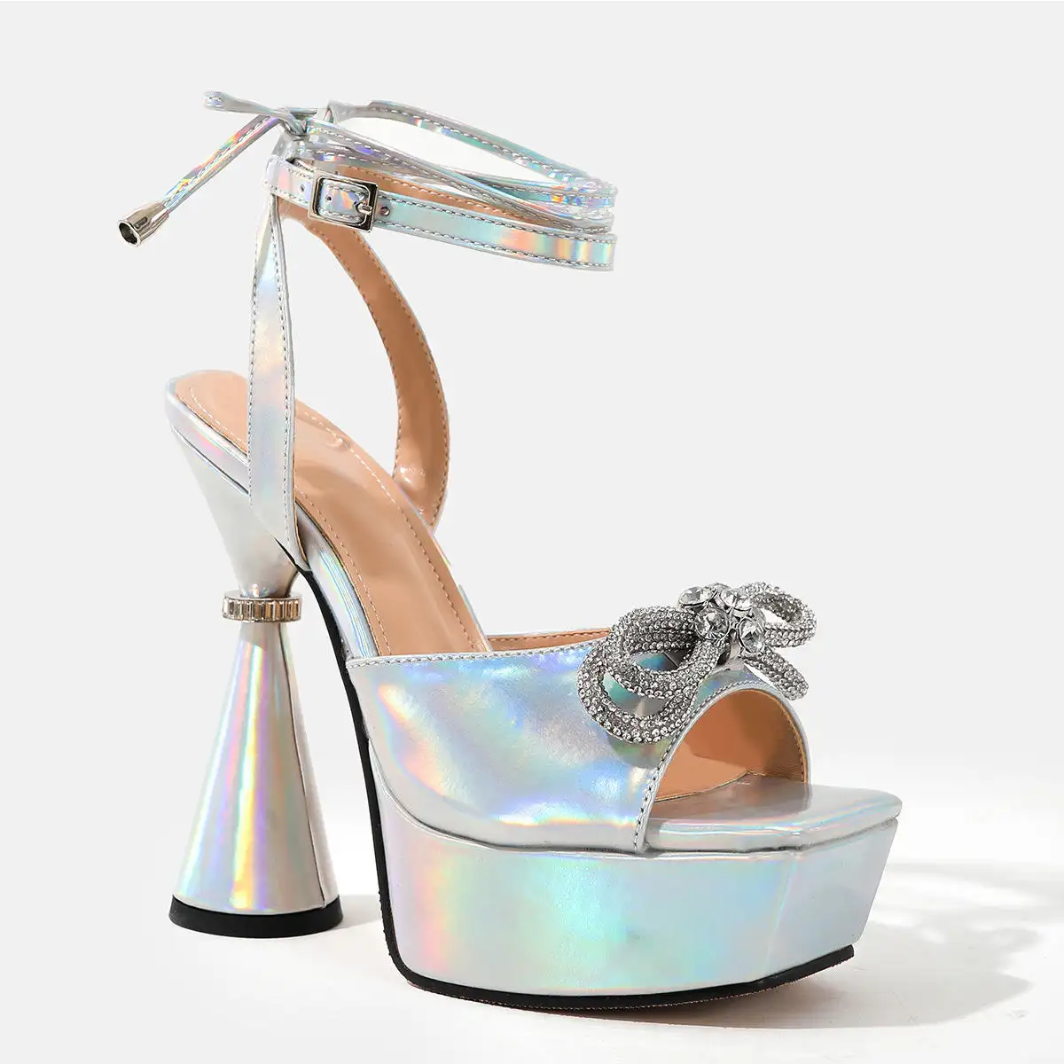 Custom Factory Design Elegant platform cup Custom heel bowknot diamond accessory metallic leather shoes ankle strap sandals