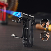 Briquet à cigares au butane rechargeable en alliage de zinc, triple jet flamme bleue, avec poinçon et aiguille intégrés, fourniture directe usine en gros