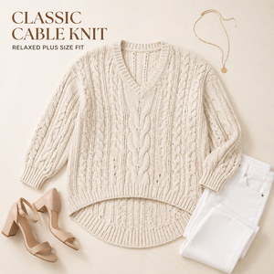 Maglione Oversize da Donna HOSYN in Maglia a Treccia con Scollo a V e Spalle Cadenti, Testurizzato, <span class=keywords><strong>per</strong></span> Autunno, Taglie Forti - Product Image 5