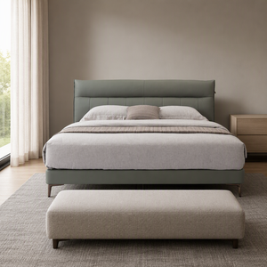 Cabecera Tapizada Curva con Alas, Base de Plataforma Baja, Tela Verde Salvia, Patas de Metal, para Dormitorio Principal u Hotel - Product Image 1