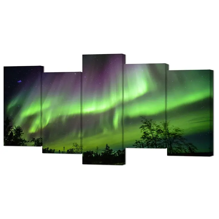 Home Decor Modern Aurora Borealis Landscape Posters Iceland Romantic Healing Green Wall large art canvas painting 5 pieces