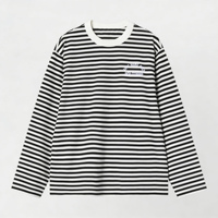 Nouveauté T-shirt unisexe classique à manches longues en coton peigné élastique blanc et noir à rayures brodées