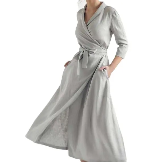 High Quality Women Clothing Custom Linen Wrap Midi Casual Dress For Ladies