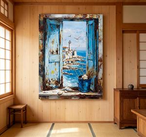 Tableau mural vue sur fenêtre de la côte, impression sur toile de ville balnéaire méditerranéenne vintage, volets bleus rustiques - Product Image 6