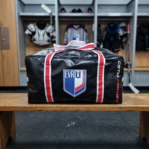 Large Heavy Duty Black Tarpaulin Hockey <b>Duffel</b> <b>Bag</b> with Polyester Lining and White Red Straps Custom Logo - Product Image 1