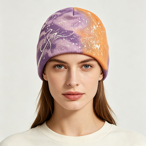 Unisex <b>Tie</b> Dye Knit Beanie Hat 100% Acrylic <b>Purple</b> Orange Graffiti Print Skully Cap Soft Warm Stretch Streetwear Autumn Image - Product Image 1