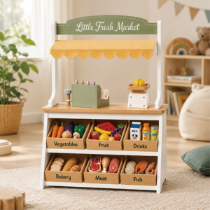 Jeu de caisse de supermarché en bois pour enfants avec fruits, légumes et accessoires éducatifs - Product Image 1