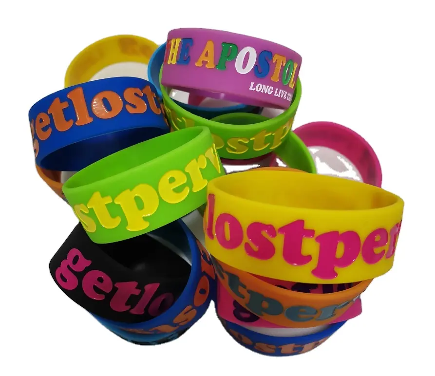 Popular custom debossed filling color logo silicone wristbands bracelets, Multicolor filled logo rubber bracelets wrist bands