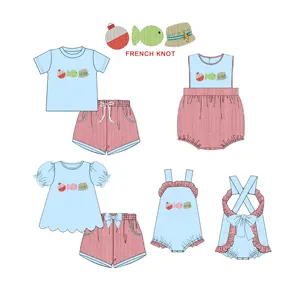 Puresun nouvelles conceptions enfants vêtements été bébé vêtements pêche broderie personnalisé enfants vêtements avec noeud français
