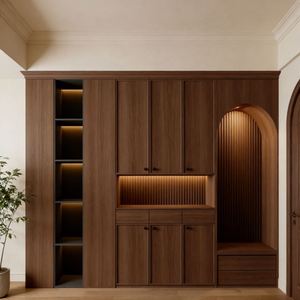 Balom Italian Luxury Retro Wooden Wardrobe Whole Wall Bedroom Closet with LED Light Arch Storage for Home Hotel - Product Image 1