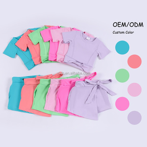Conjunto de Ropa de Yoga <span class=keywords><strong>para</strong></span> Niñas con Diseño de Espalda Cruzada, Top de Manga Corta y Lindos Pantalones Cortos con Lazo, Ropa Deportiva Infantil - Product Image 2