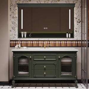 Meuble-lavabo vintage français pour salle de bain avec lavabo simple/double personnalisable, meuble-lavabo autoportant en bois massif avec <span class=keywords><strong>miroir</strong></span> <span class=keywords><strong>LED</strong></span> intelligent - Product Image 1