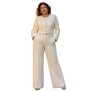 Completo <span class=keywords><strong>tailleur</strong></span> in tweed personalizzato OEM da <span class=keywords><strong>donna</strong></span>, taglie forti, coordinato elegante da lavoro, con pantaloni, IT taglie dalla 44 alla 56, in maglia - Product Image 1
